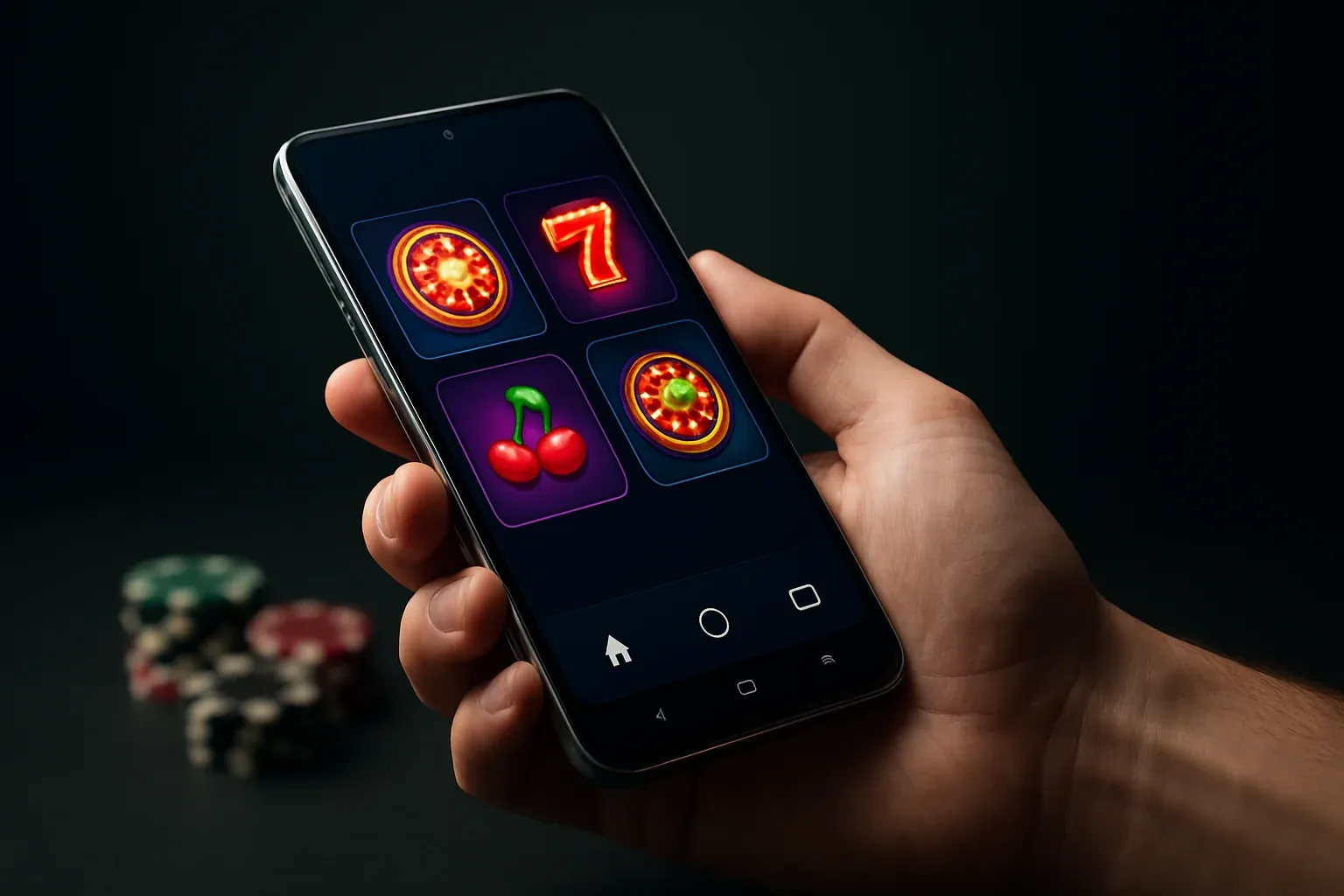 Hyperrealistic Android smartphone showing premium casino app interface, dramatic lighting