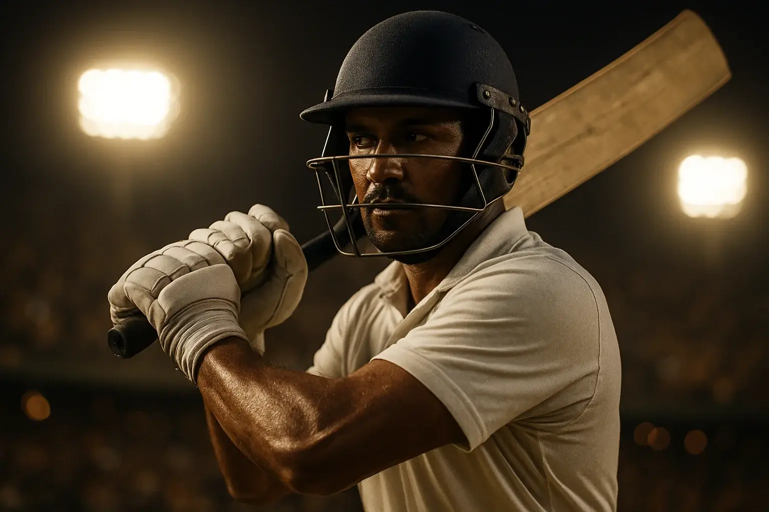 Hyperrealistic close-up of Bangladeshi cricket batsman mid-swing under stadium floodlights