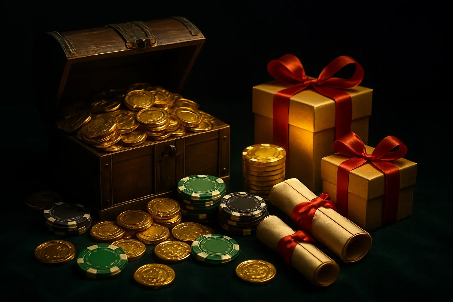 Overflowing treasure chest with gold coins, casino chips, bonus vouchers, gift boxes