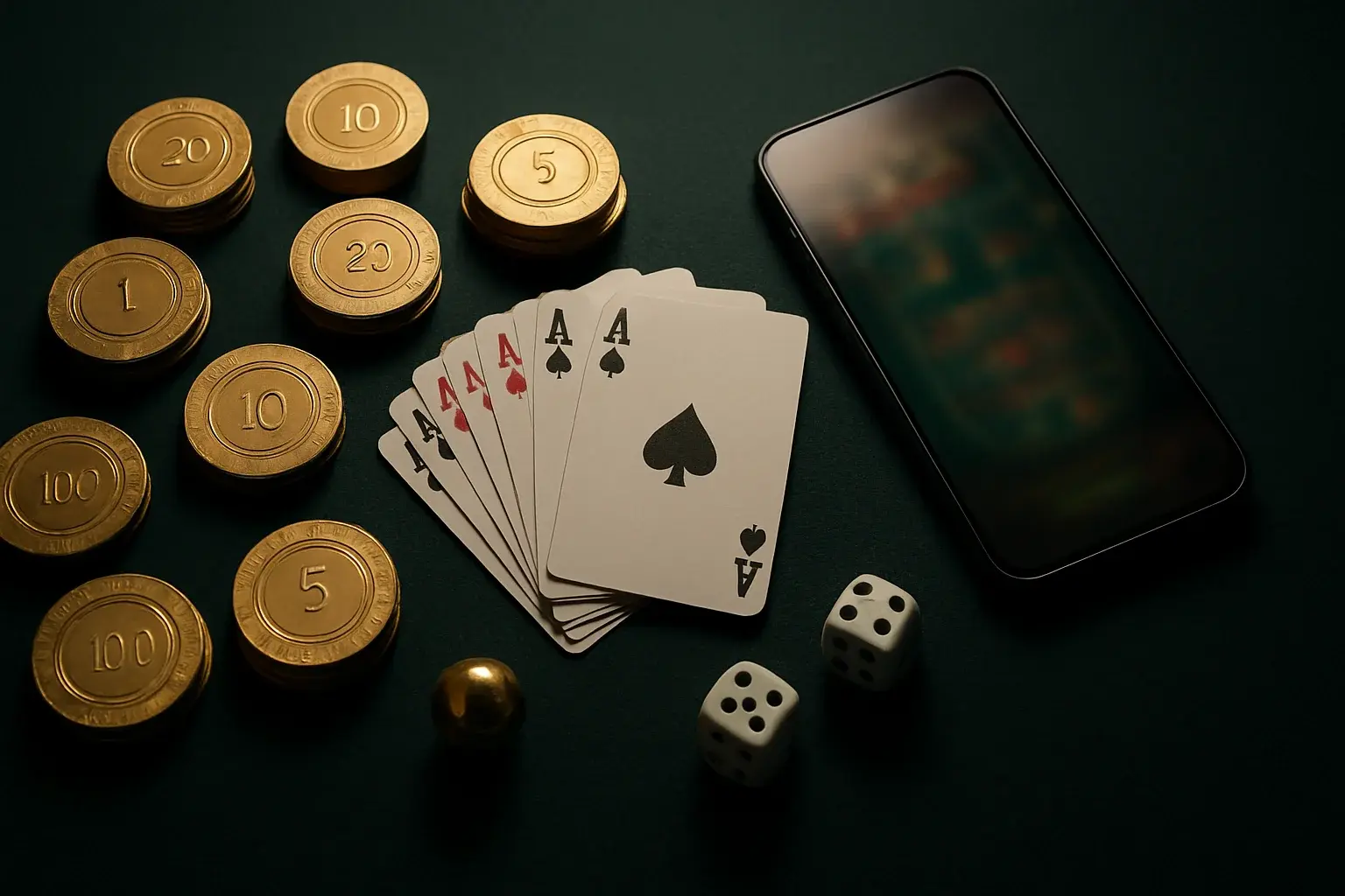 Top-down casino table with golden chips, cards, dice, roulette ball, smartphone