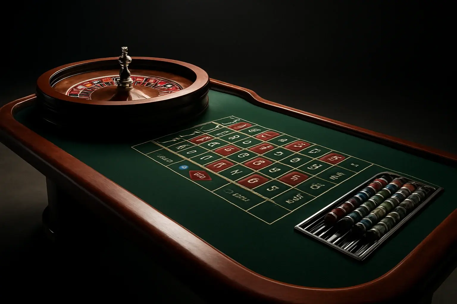 Hyperrealistic wide shot of empty roulette table in premium live casino studio