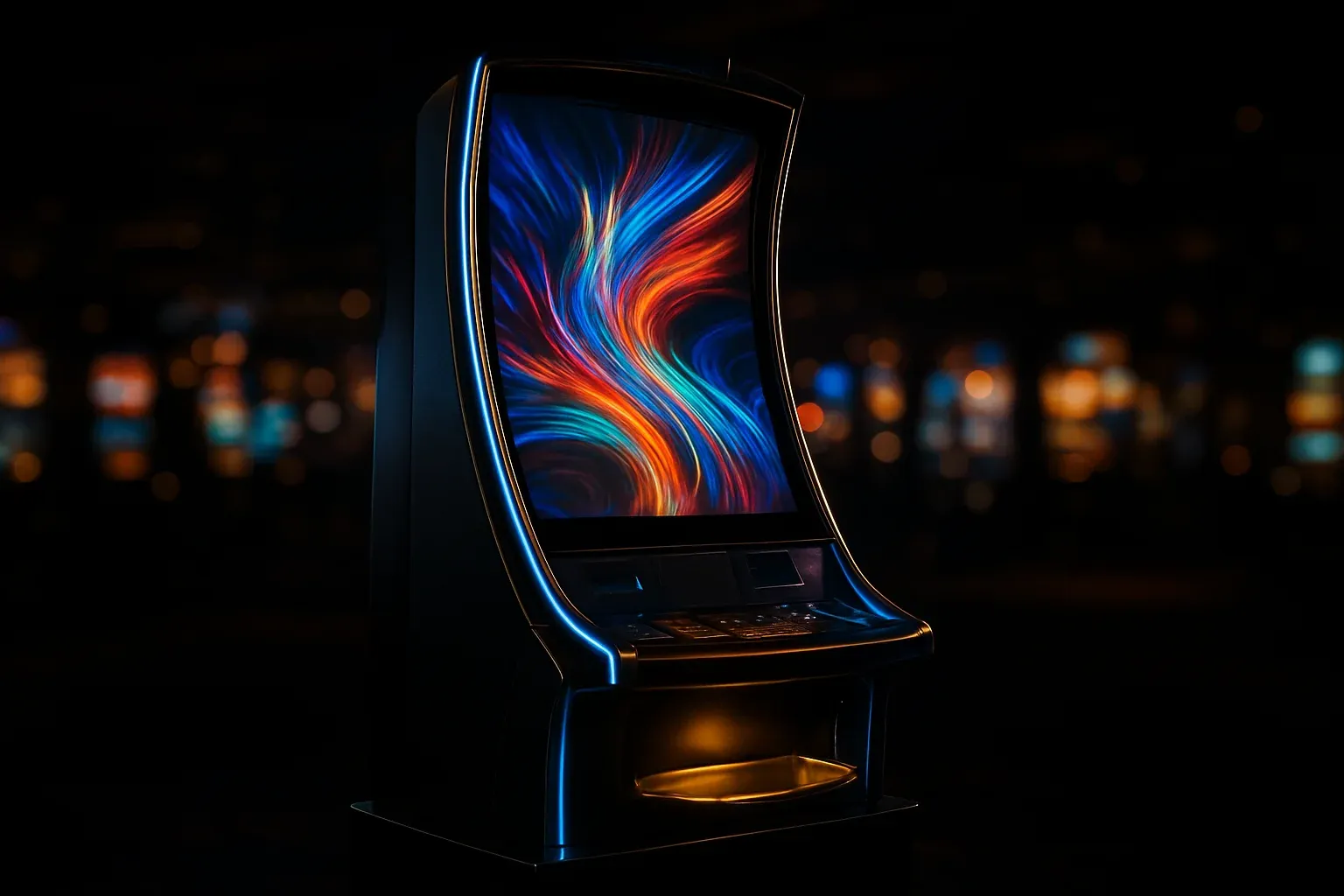Hyperrealistic wide shot of premium slot machine in dark luxury casino